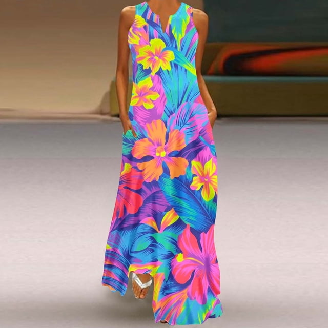 Fankiway Femmes Décontractée en Vrac Imprimé Débardeur Robe Plage V-Cou Poche Robe Sans Manches Robes de Plage Robes de Plage de Femmes Grande Taille Robes de Femmes