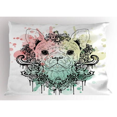 Bulldogs Locker Room Sham Animal Pillow Sham French Bulldog with Floral Wreath on Brushstroke Watercolor Print, Decorative Standard Size Printed Pillowcase, 26 X 20 Inches, Mint Pale Pink Pale Green, by Ambesonne ()