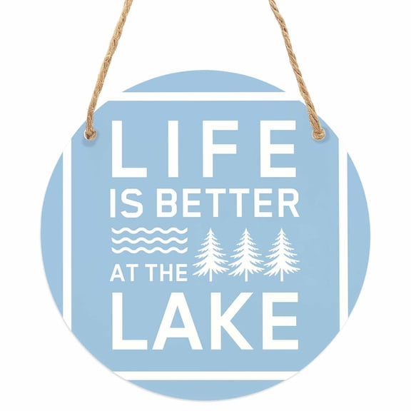Blue Round Front Door Welcome Sign, 7.8 Inch Wall Hanging Decor for Indoor Outdoor, Mountain Forest Tree Life Is Better at The Lake Home Porch Hanger Decorations for Holiday Gift