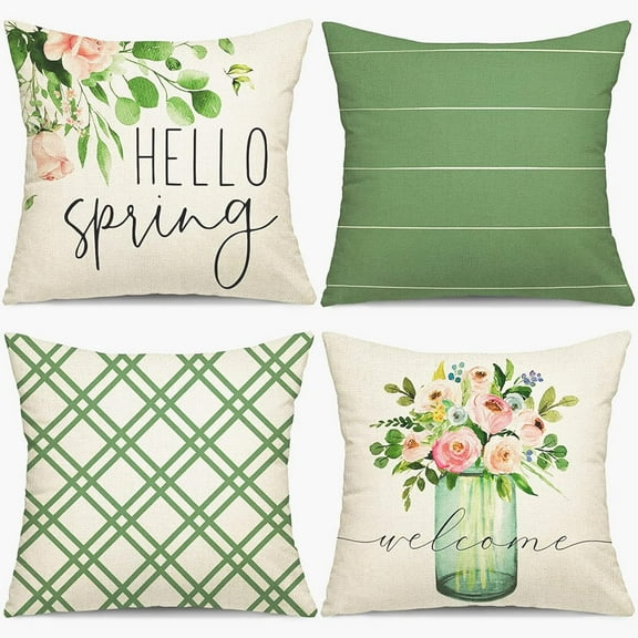 Spring Pillow Covers 18x18 Set of 4, Spring Summer Farmhouse Throw Pillow Cover Green Garden Linen Cushion Case for Home Decor