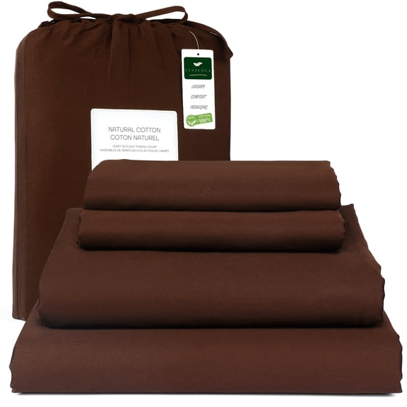 Lenzuola (Choco Brown, Queen) 100% Natural Cotton 4 Piece Bed Sheets Set - Deep Pocket Sheets with Elastic All Around - Sateen Weave, Breathable & Cooling