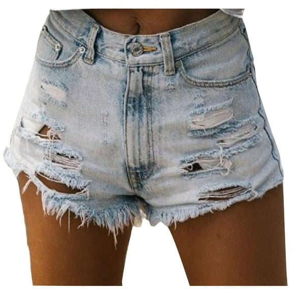 frariair Jean Shorts for Women Solid Hole High Waist Perforated Tassel Denim Hot Blue