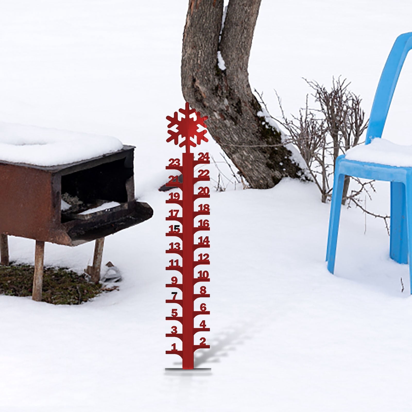 Wrought Iron Christmas Snow Gauge with Snowflake Design, Hand-Painted Outdoor Yard Decoration, 24 Inch Metal Measuring Stake for Winter Holiday Display