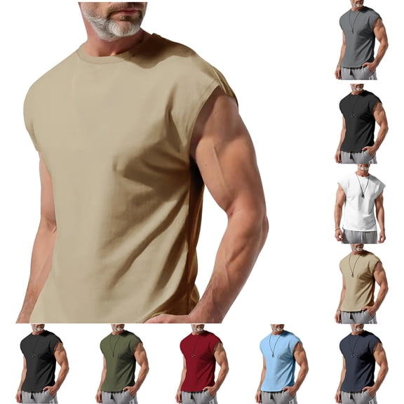 Hzzrkos Men Casual Slim Solid Color Crew‑Neck Cap Sleeve Basic T‑Shirt Tees