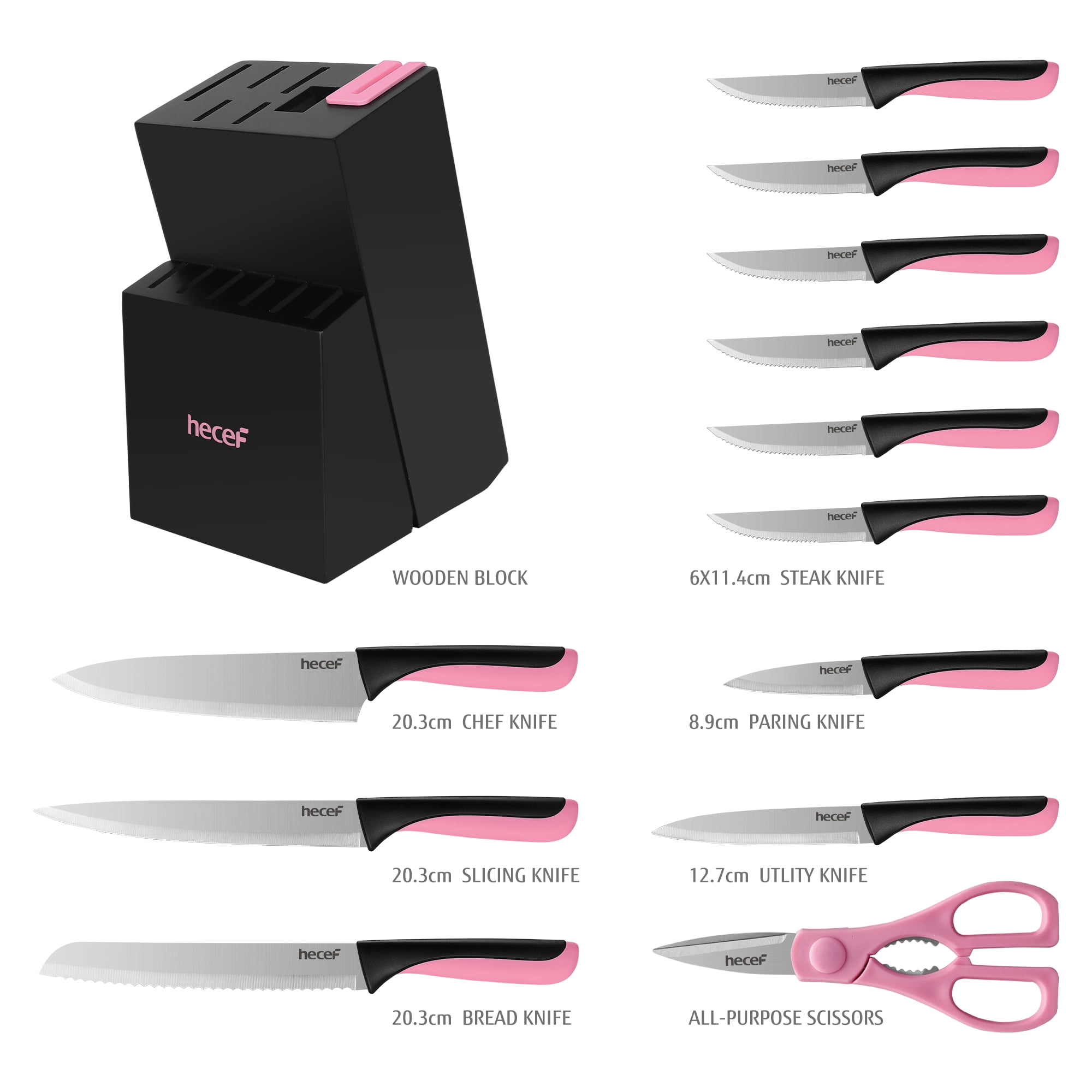 Hecef 13-Piece Knife Set, Stainless Steel Kitchen Knives with Block, Chef Knife, Santoku Knife, Steak Knives, Scissors