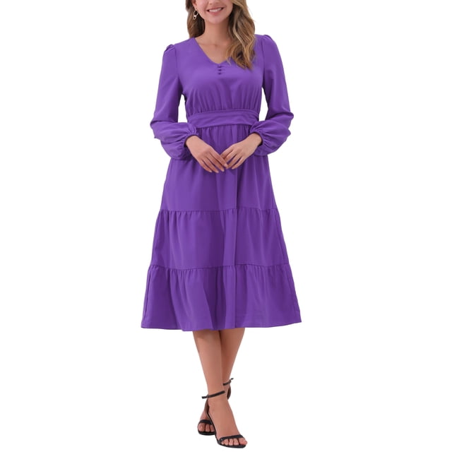 Vestido V de cuello en V Inspire Chic para mujer, con mangas de linterna, volantes, estilo A, elegante, casual, midi, color púrpura