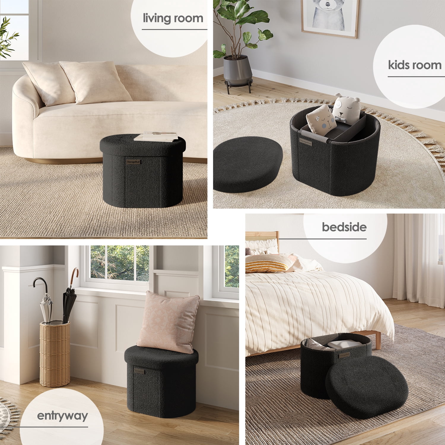 Hearth & Harbor Oval Storage Ottoman Bench, Boucle 18" Ottoman with Storage , Black