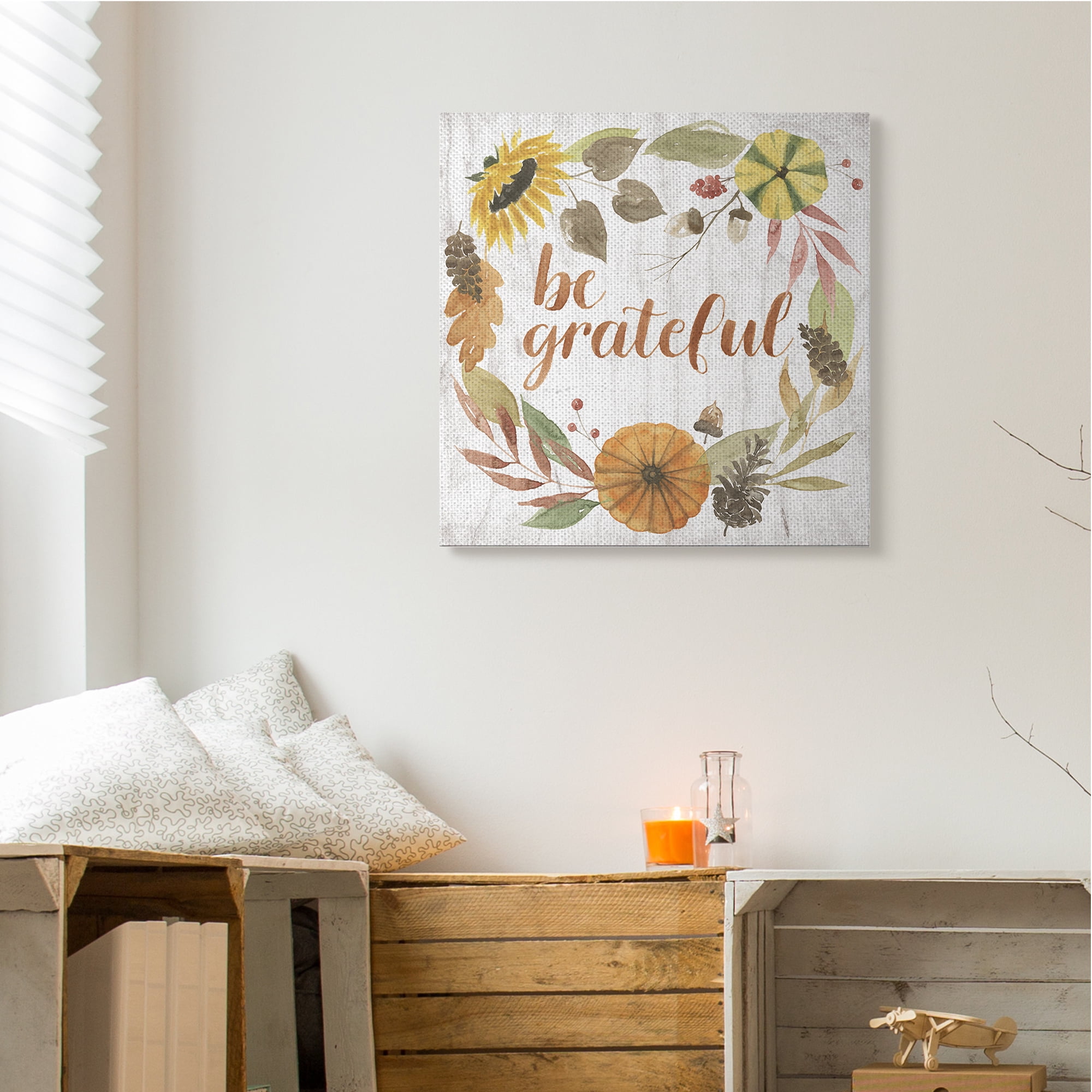 Stupell Industries Be Thankful Whimsical Text Autumn Foliage Inspirational Painting Gallery Wrapped Canvas Art Print Wall Art, 36 x 36