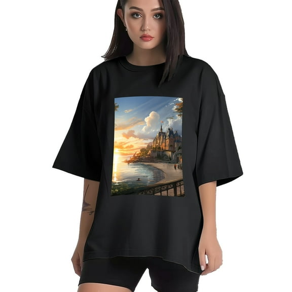 Plus Size Shirt for Women Black Tops for Women Short Sleeves Shirt for Women Seaside (11) T Shirt Crewneck Shirt for Women XS