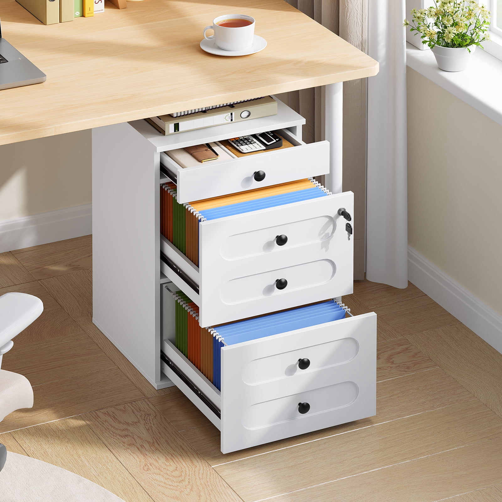 HOOBRO 3 Drawer File Cabinet with Lock, Wooden Farmhouse Office Storage Cabinet, Under Desk Mobile Filing Cabinet fits Letter / A4 Size for Home Office, Modern Rolling Printer Stand, White WT32WJ01