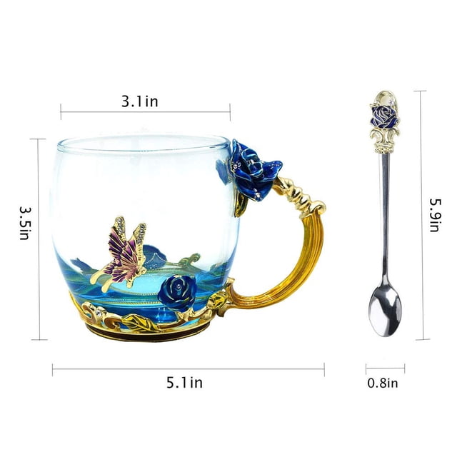 Juego de 2 tazas de cristal con forma de mariposa, cristal ecológico, cucharas a juego, ideal para bebidas frías y calientes, atractiva decoración del hogar, idea de regalo para mujeres
