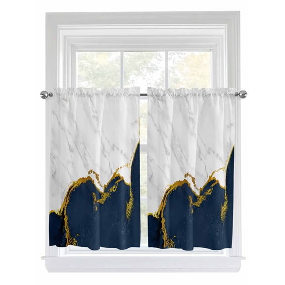 Tier Curtains 45 Inches Long, Navy Blue Gold Marble Window Treatment Curtain Drapes, Modern Abstract Marble Crack Texture Window Half Privacy Curtains for Bedroom Bathroom, 42"x45", 2 Panels
