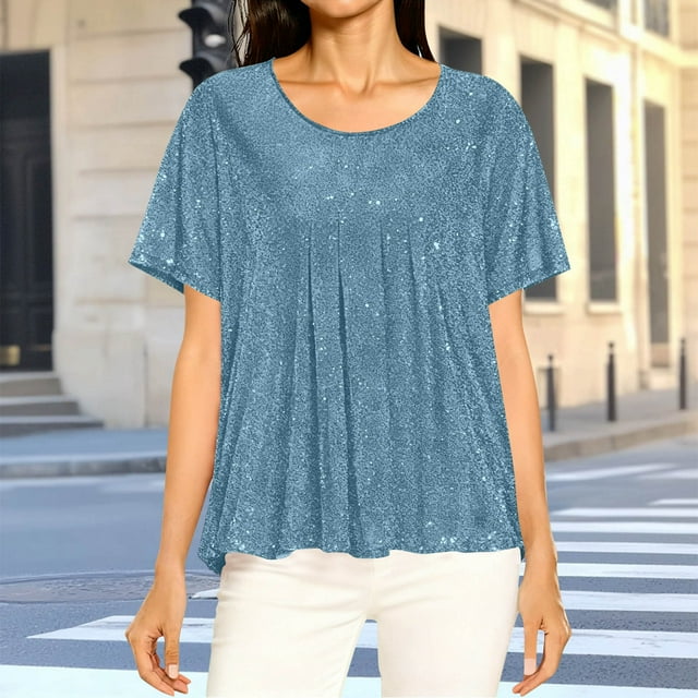 Ounisa Women's Plus Size Sparkly Top Glitter Blouse Short Ruffle Sleeves Dressy Shirt Elegant Party