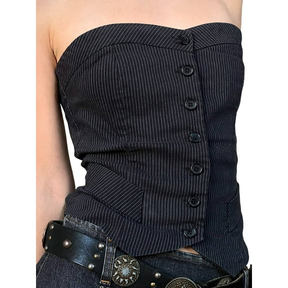 Womens Strapless -Vest Sleeveless Tube Tops Striped Button Up Waistcoat Vest Business Fitted Suit Vest Black S