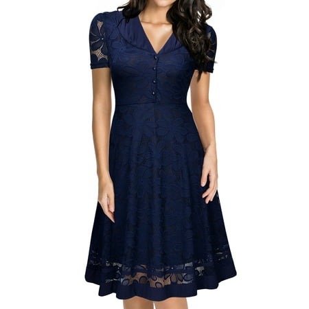 Vintage Style Dress Patterns - MISSMAY Women's Cap Sleeve 1950s Style Vintage Black Lace A-line Dresses for Women (Navy Blue+Black XL)