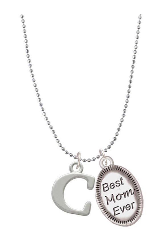 Silvertone Large Initial - C - Best Mom Ever Charm Necklace