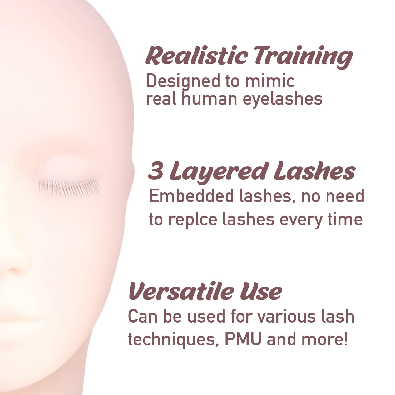 Amber Lash Mannequin Head with Reusable Multi-Layered Lashes For Lash Extension and Permanent Makeup Practice