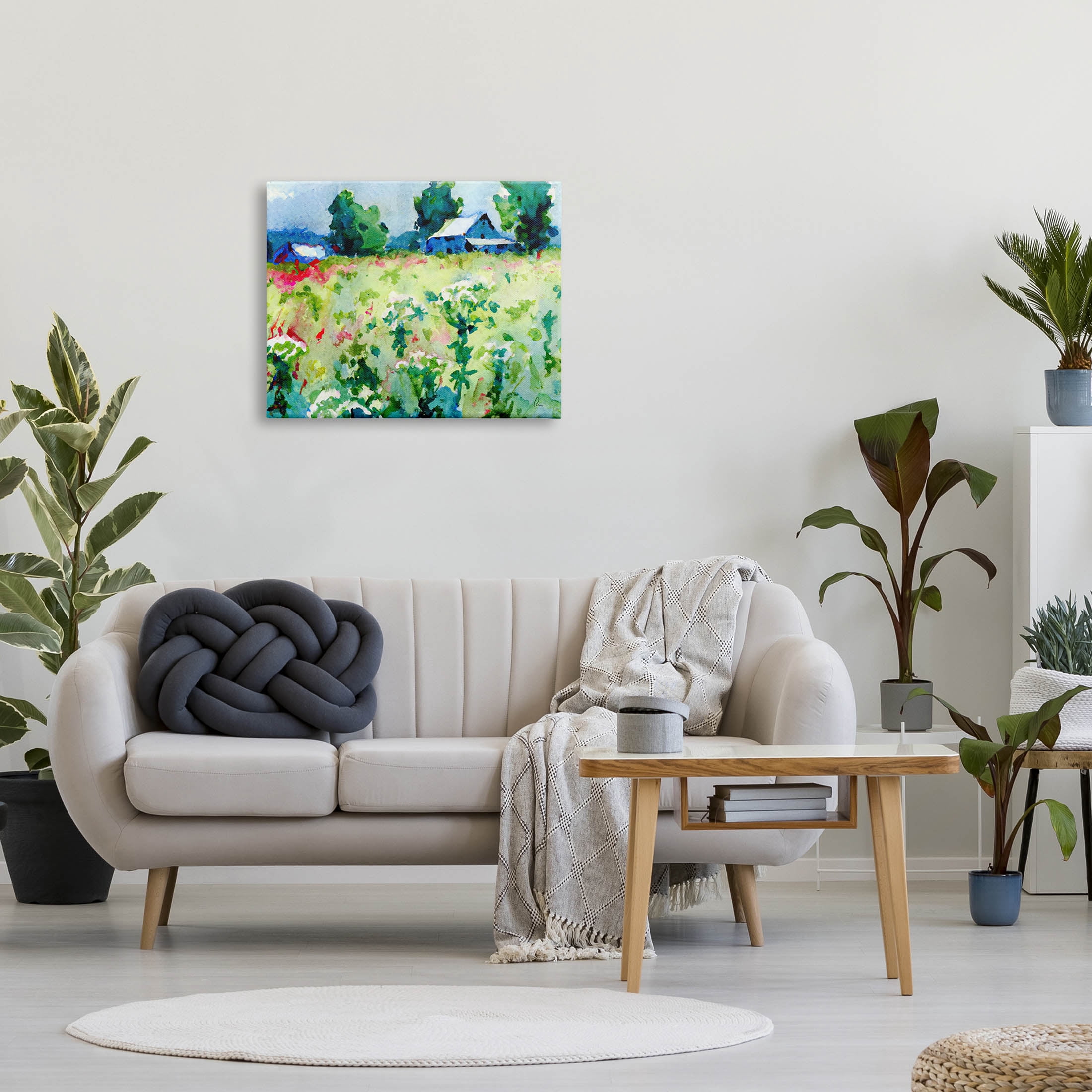 Country Meadow Cottage Landscape Landscape Painting Gallery Wrapped Canvas Print Wall Art