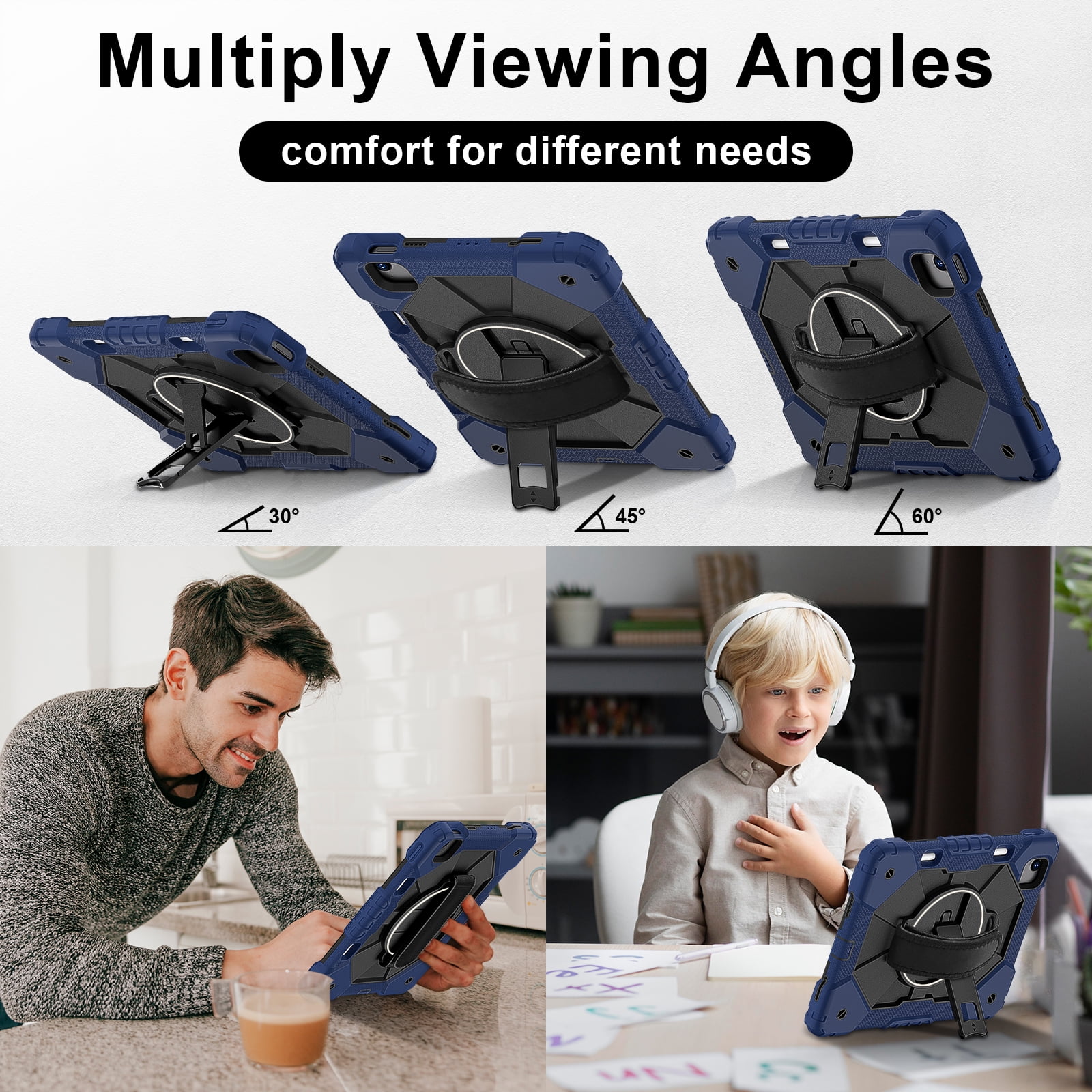 for iPad Air 13 inch (M2) 2024 Case, Military Grade Heavy Duty Silicone Protection Cover with Pencil Holder + 360 Rotating Stand + Wrist Handle Rugged Cover for iPad Air 13" 2024, Navyblue+Black