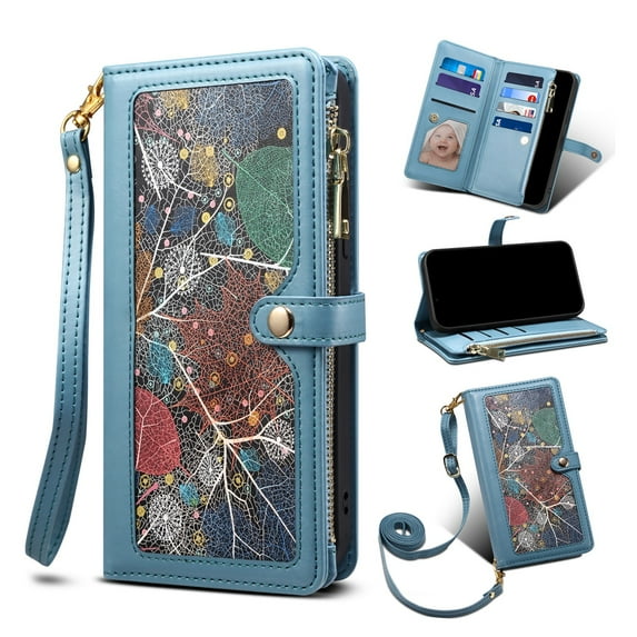 SaniMore Wallet Case for Samsung Galaxy S23 Plus, PU Leather Magnetic Clasp Flip Zipper Cover Buil-in Card Slot & Kickstand Shoulder Strap Painted Pattern Shockproof Protective Shell, Blue