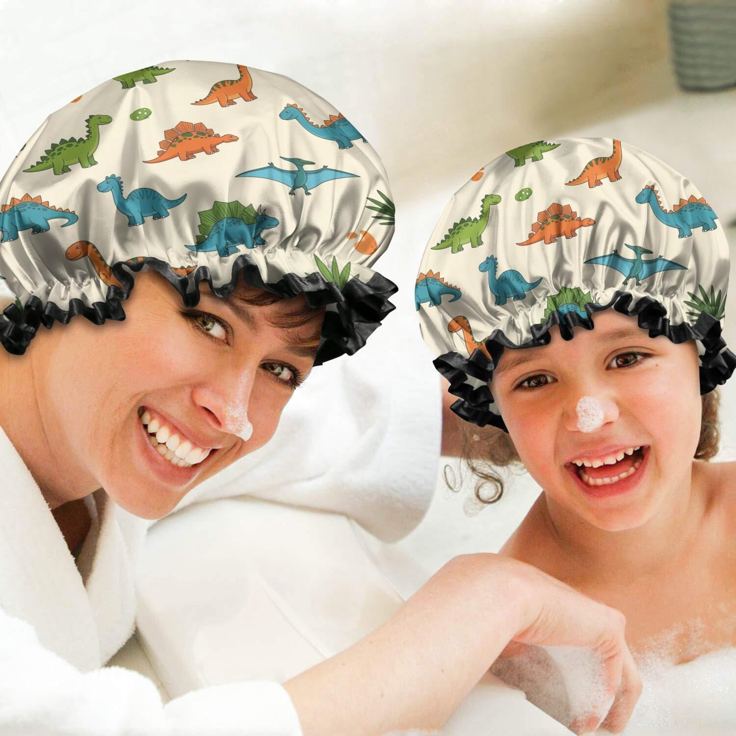 Shower Caps,Colorful Dinosaur and Leaf Pattern Waterproof Shower Cap for Women 4 Pieces,Double Reusable Hair Cover for Shower PEVA Elastic Stretch Hem