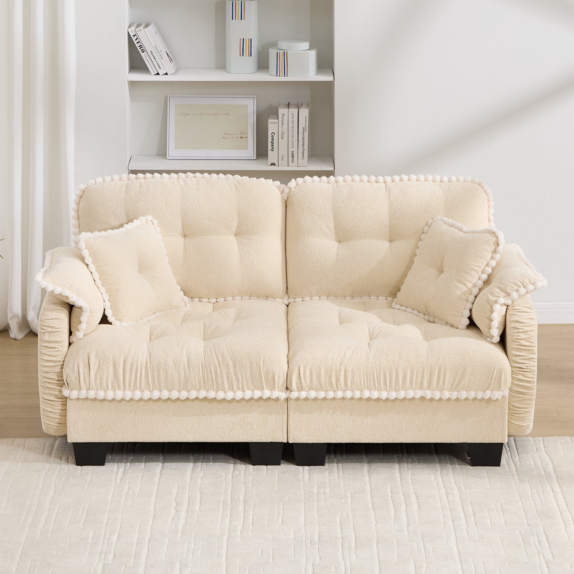 Anpport 70" Chenille Cloud Loveseat with 4 Pillows, Pom‑Pom Trim, Quilted Tufted Ergonomic, Easy Assembly Deep Seat for Living Room Apartment, Cream
