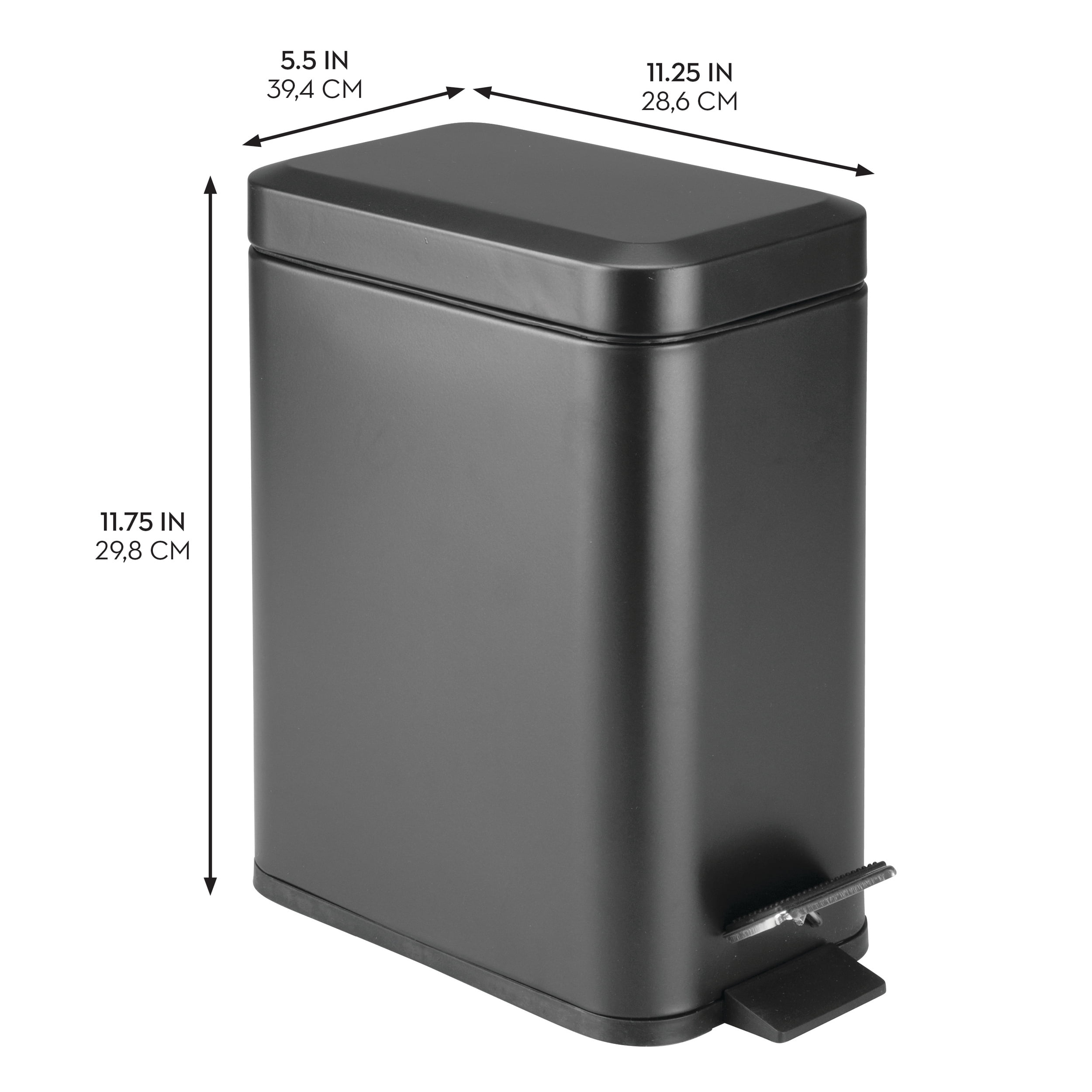 iDesign Rectangular Compact 1.3 Gallon Bathroom Step Trash Can - Perfect for Primary Bathrooms, Guest Baths, and Powder Rooms - Matte Black