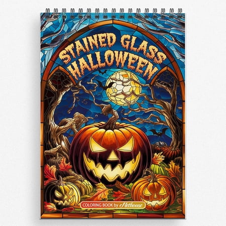 NETHOUSE Stained Glass Halloween Coloring Book For Adults Relaxation & Stress Relief 30 Coloring Pages of Stained Glass Halloween Scenes Spooky Designs Pumpkins Ghosts and Gothic Window Art