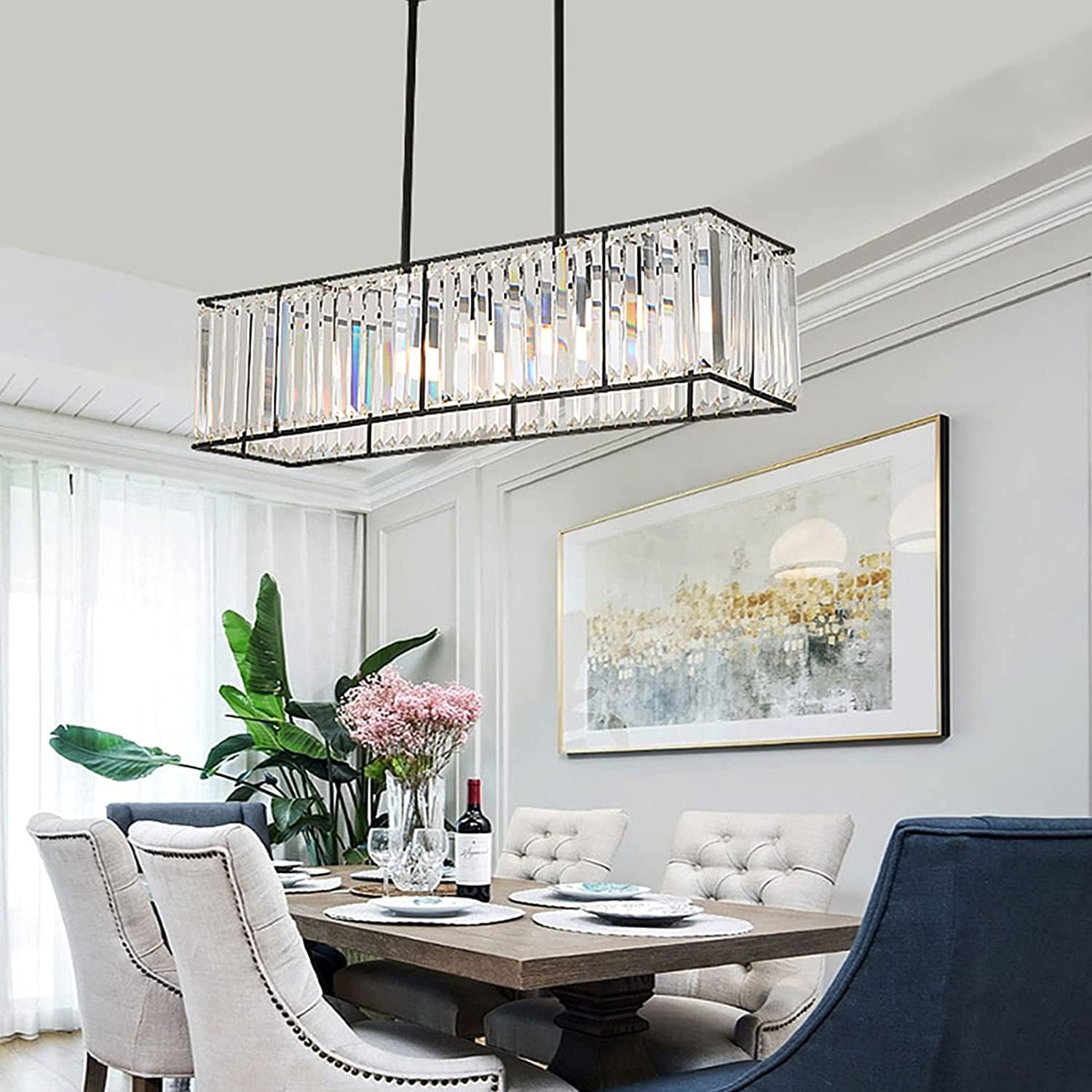 Miumaeov Luxury K9 Crystal Pendant Light Modern Chandelier Lighting Fixture  Rectangular Ceiling Lights Rectangle Crystal Hanging Lamp for Living Room