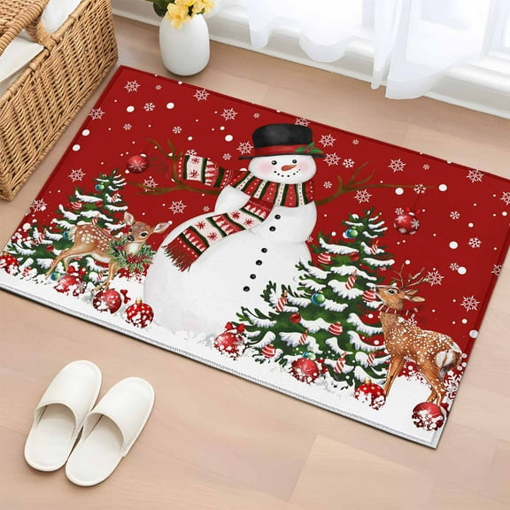 Red Snowman Christmas Bathroom Rug Washable 2x3 Entryway Rug Non Slip Xmas Tree Ball Snowflake Elk Front Door Mat Low Pile Indoor Doormat Throw Floor Carpet for Kitchen Bedroom Entrance