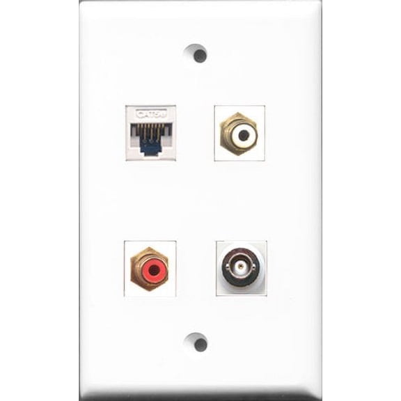 RiteAV 1 Port RCA Red and 1 Port RCA White and 1 Port BNC and 1 Port Cat5e Ethernet White Wall Plate