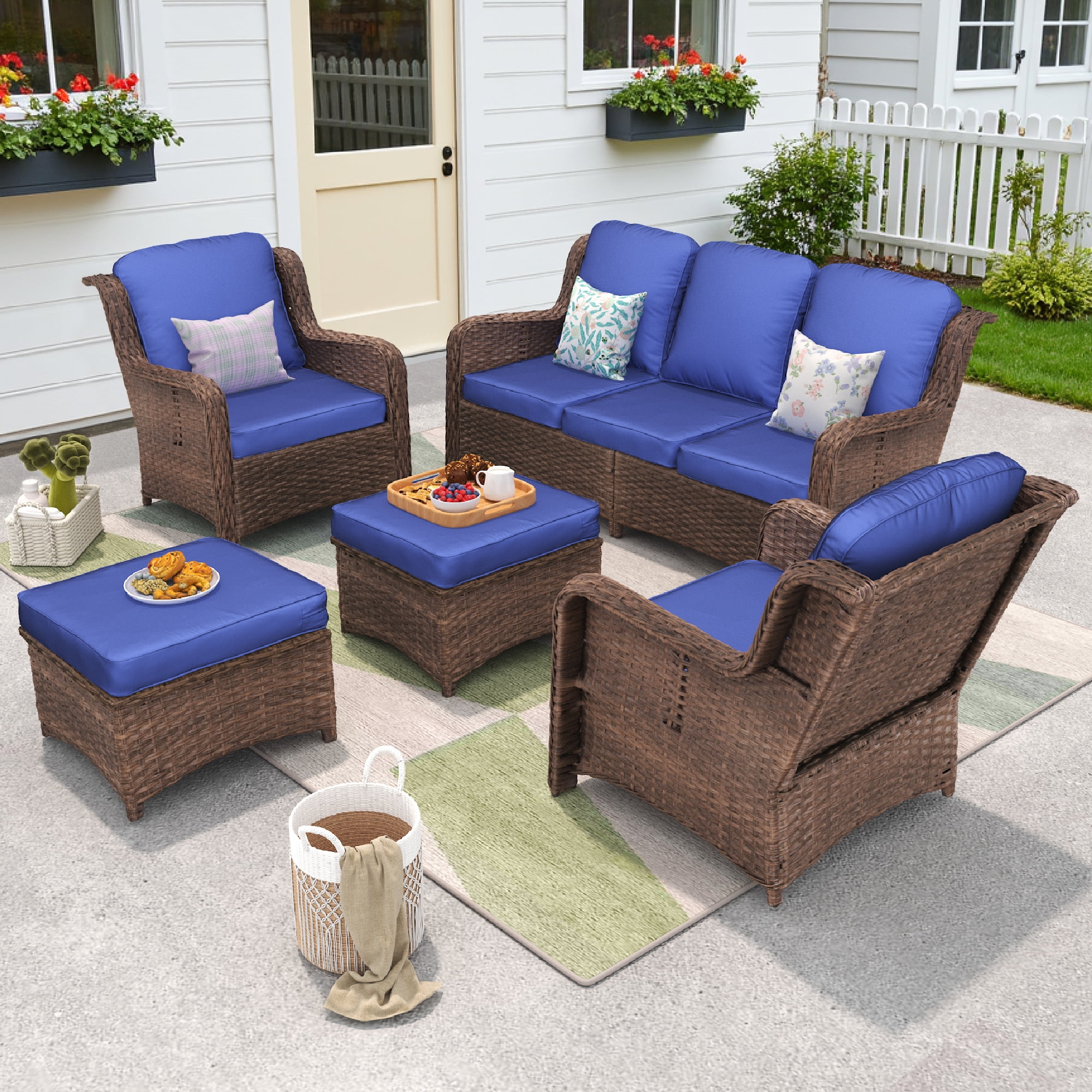 Hzzkey Patio Furniture Set, 5 Pieces Outdoor Sectional Sofa Set, All-Weather Wicker Rattan High Back Patio Conversation Set with Ottoman for Poolside, Backyard, 4.33" Thick Cushions, Navy Blue