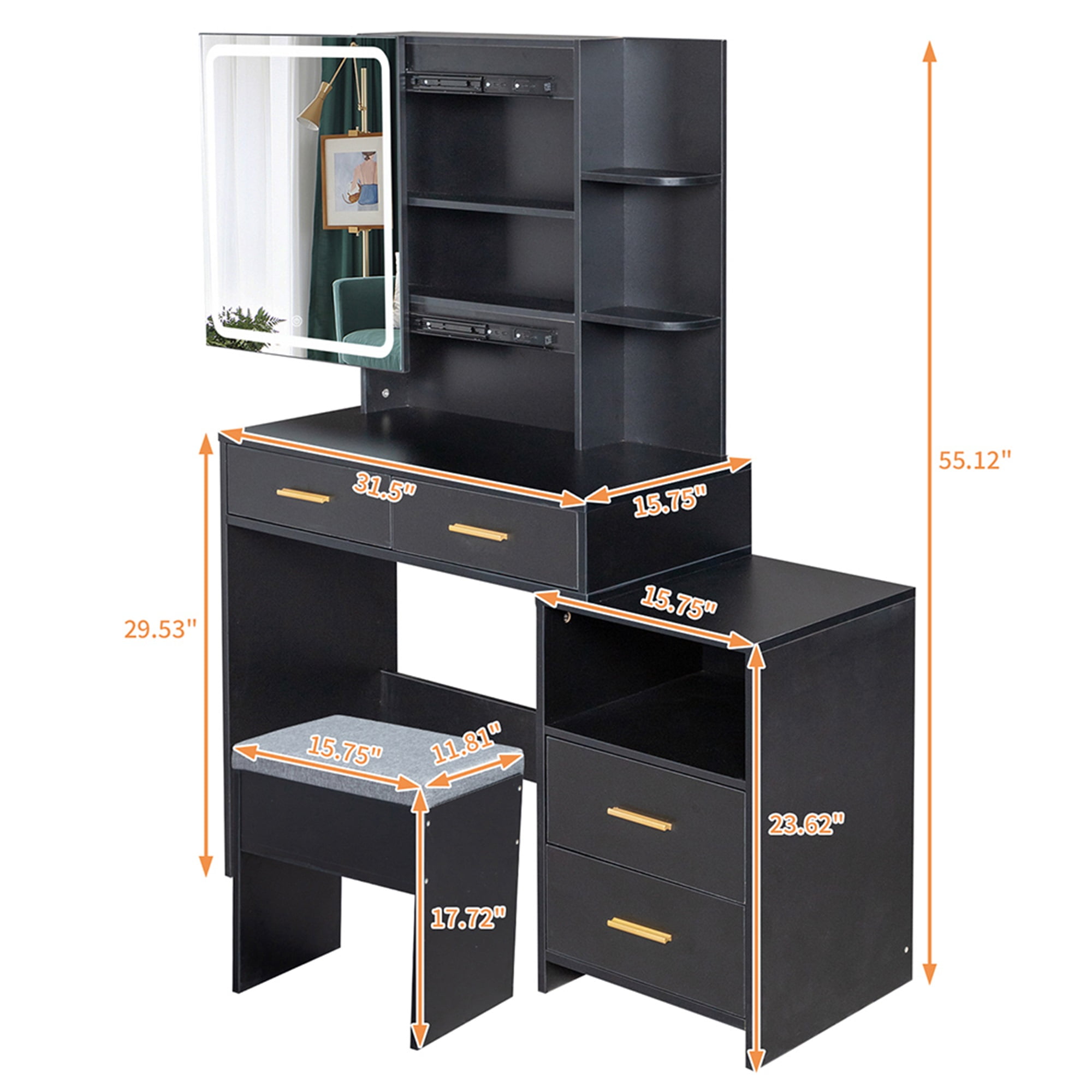 Kepooman Makeup Vanity with 4 Drawers and Mirror, Dressing Table Set Led Three-Tone Light, Black Kepooman Makeup Vanity with 4 Drawers and Mirror, Dressing Table Set Led Three-Tone Light, Black