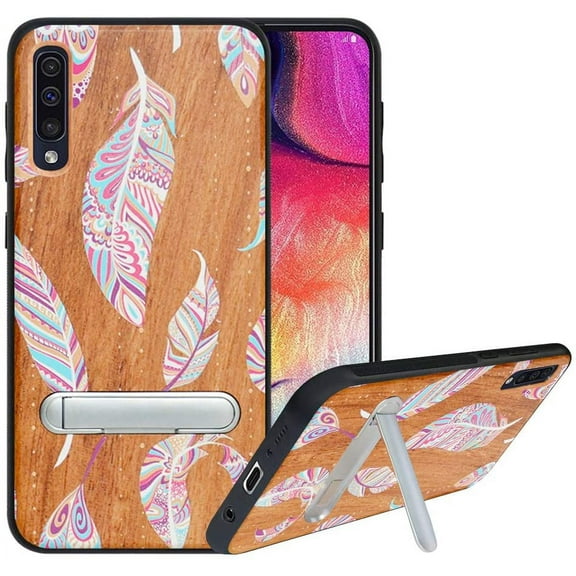 Labanema Samsung Galaxy A70 2019 Case, Samsung Galaxy A70 2019 Cover with Metal Kickstand, Natural Wood TPU Cover, Anti Scratch Case for Samsung Galaxy A70 2019 (Feather)