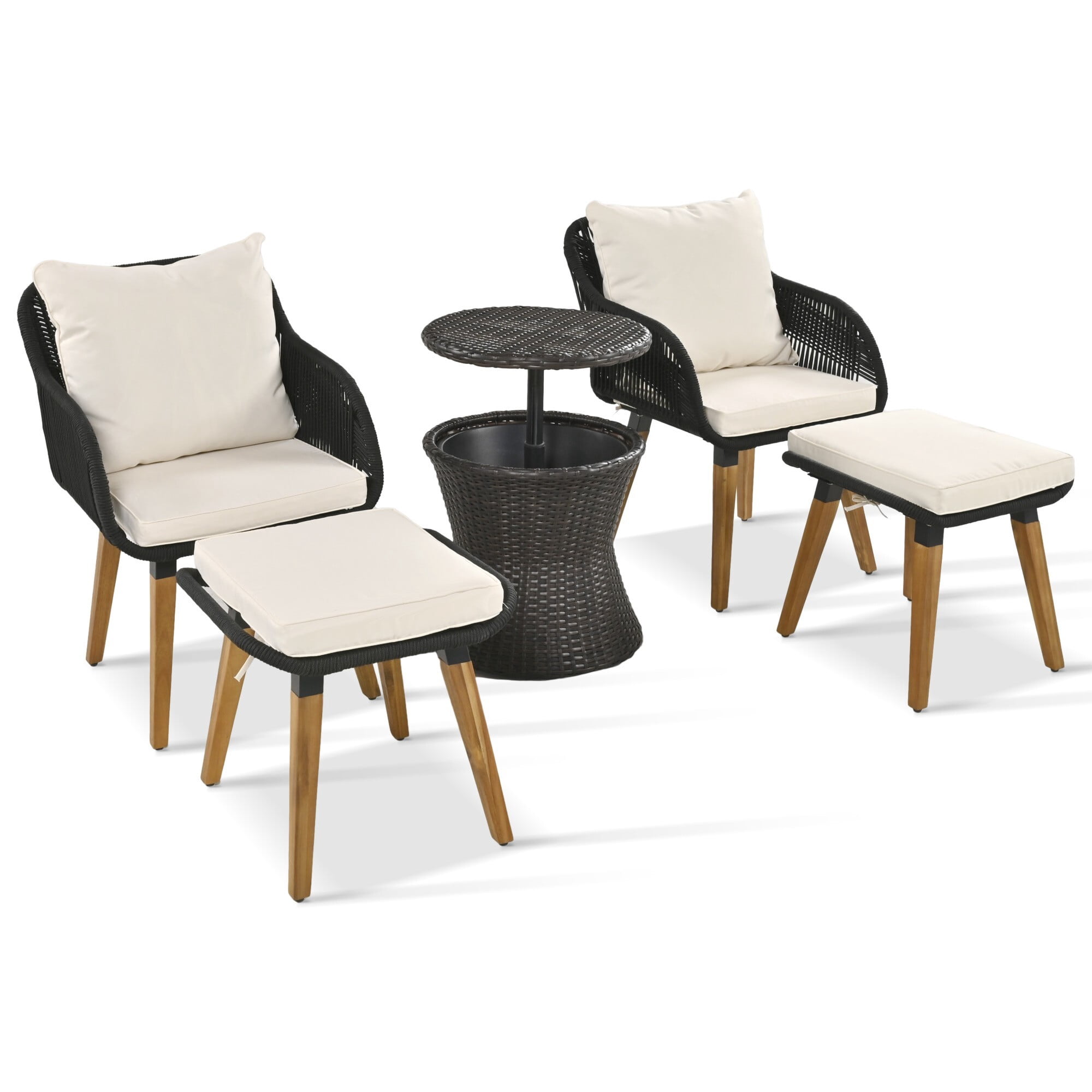 AENKYO 5-Piece Outdoor Rope Woven Patio Conversation Set with Pop-Up Cooler Bar Table, Black Rope with Off-White Cushions