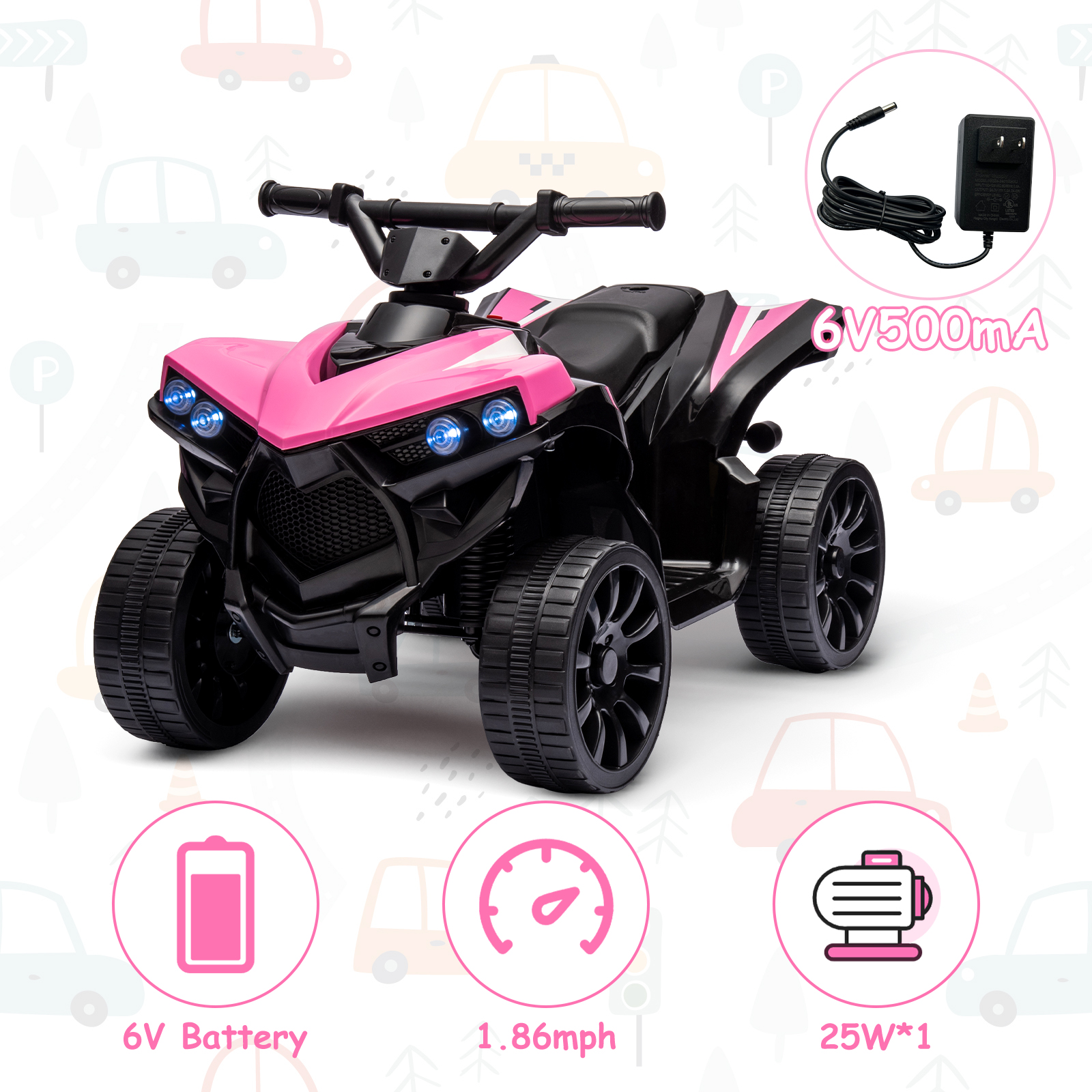 Goldensoil 6V Kids ATV 4-Wheeler, 1.8MPH Max Speed, Ride-On Toy with Music, Up to 55 Pounds, Pink
