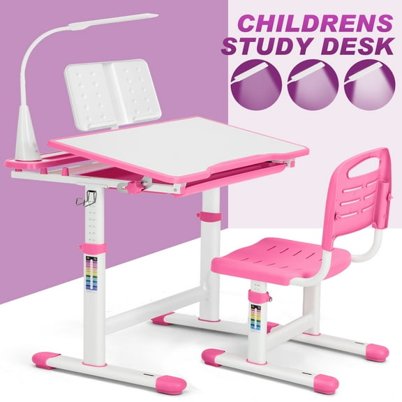JOYLDIAS Kids Desk and Chair Set, Height Adjustable Children's Study Desk with Tilt Desktop, LED Light, Metal Hook, Storage, Drawer (Pink)