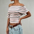 thumbnail image 3 of yillto Women off Shoudler Tops Striped Short Sleeve Shirts Casual Tunics Tees Ruched Slim Fashion Outfits, 3 of 7