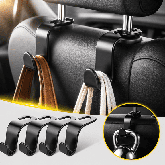 Car backseat headrest hooks, 4-piece set of black stylish backseat hooks, suitable for car handbags, clothes, coats, grocery bags, car interior accessories (black 2)