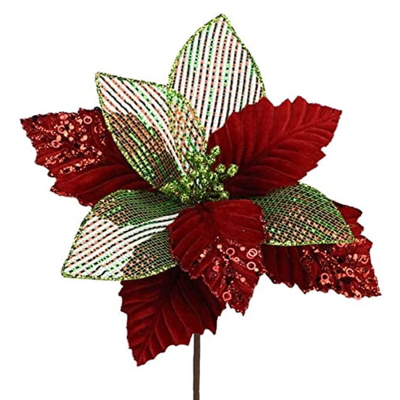 Craig Bachman Christmas Decorating Red Lime Green Velvet & Foil Floral Pick (11" Long), Add on for Wreaths and Trees