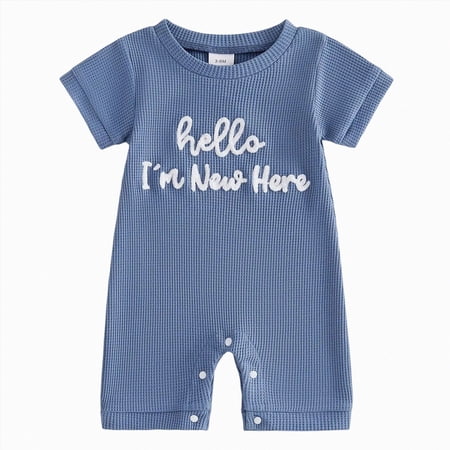 Duqingm Newborn Baby Boy Summer Outfit Romper Hello I m New Here Letter Embroidery Short Sleeve Jumpsuit Bodysuit Cute Infant Waffle Clothes(Blue 0-3 Months)