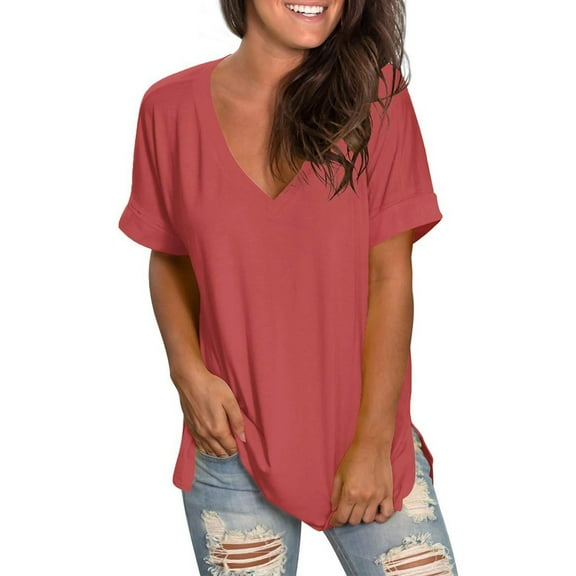 Jalioing V Neck T Shirt Women's Loose Short Sleeve Summer Tee Casual Basic Side Slit Fashion Tops Trendy