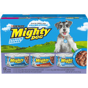 (12 Pack) Purina Mighty Dog Gravy Wet Dog Food Variety Pack, Thick-Sliced Chicken, Beef & Tenderloin Tips, 5.5 oz. Cans