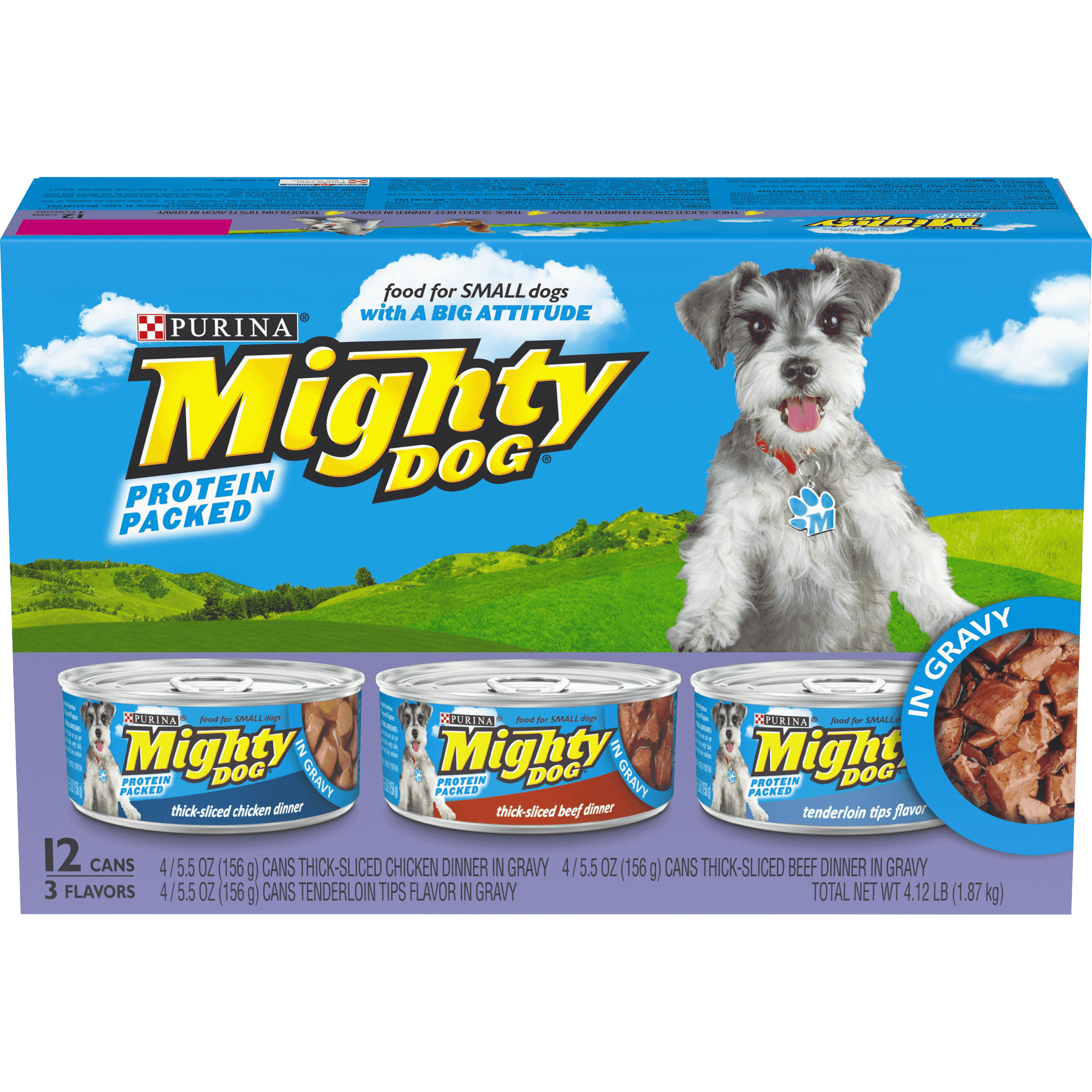 (12 Pack) Purina Mighty Dog Gravy Wet Dog Food Variety Pack, Thick-Sliced Chicken, Beef & Tenderloin Tips, 5.5 oz. Cans