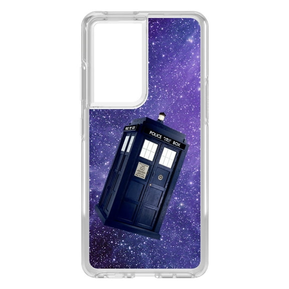 DistinctInk Clear Shockproof Hybrid Case for Galaxy S21 ULTRA 5G (6.8" Screen) - TPU Bumper, Acrylic Back, Tempered Glass Screen Protector - TARDIS Floating in Space