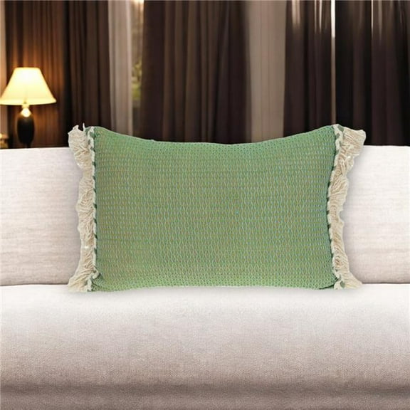 HomeRoots 529186 14 x 20 in. Beige & Green Cotton Lumbar Throw Pillow with Embroidery & Fringe