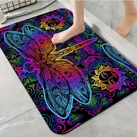 1pc Psychedelic Dragonfly Bathroom Rug Bathroom Decor and Accessories- Durable,Anti Slip,And Quick Drying,Suitable For Indoor/outdoor Use - Perfect For Bathrooms,Bedrooms,Kitchens