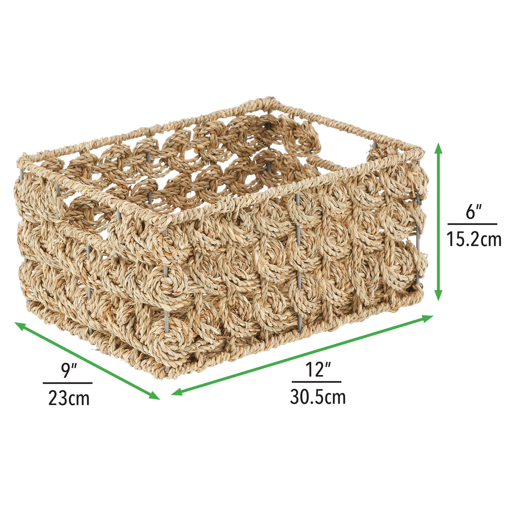 mDesign Seagrass Rose Weave Household Basket with Handles, 3 Pack, Natural/Tan