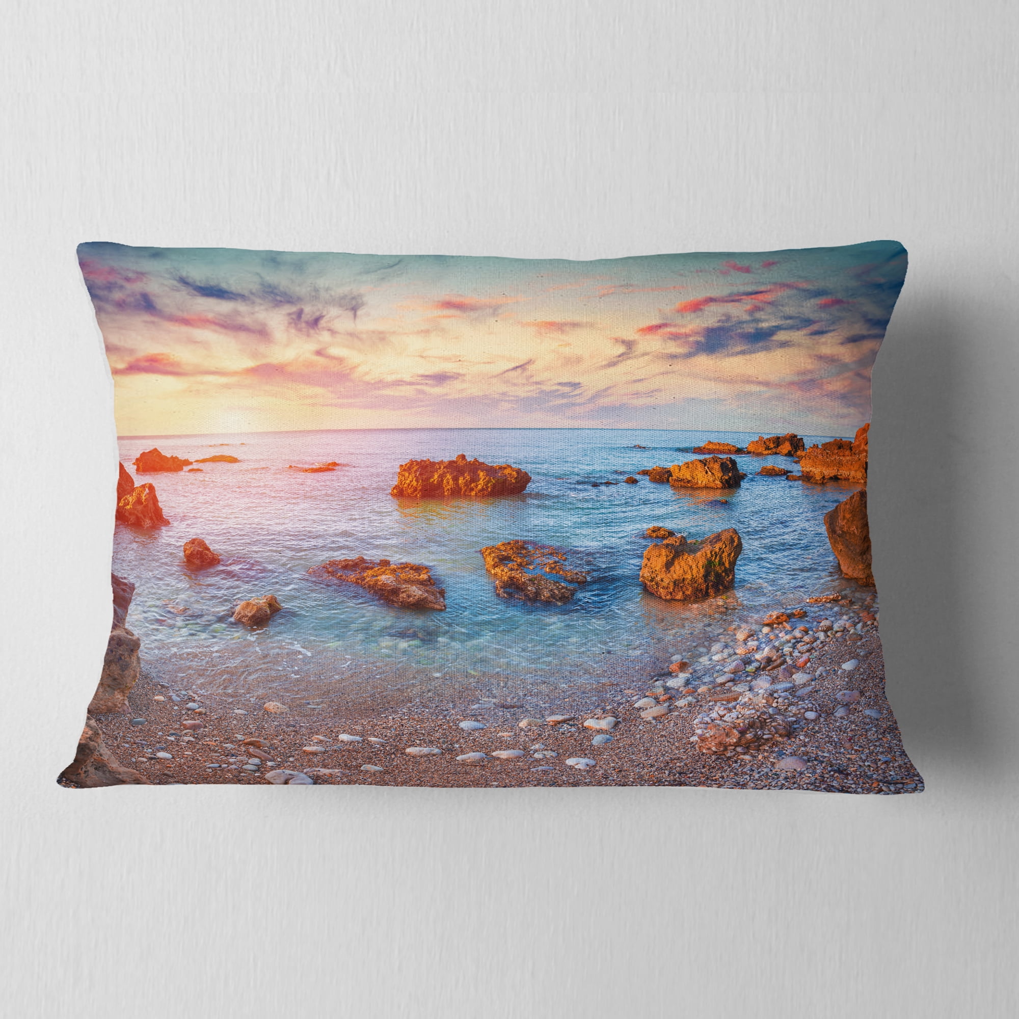 Designart Mediterranean Sea Sunrise - Seashore Photography Throw Pillow - 12x20