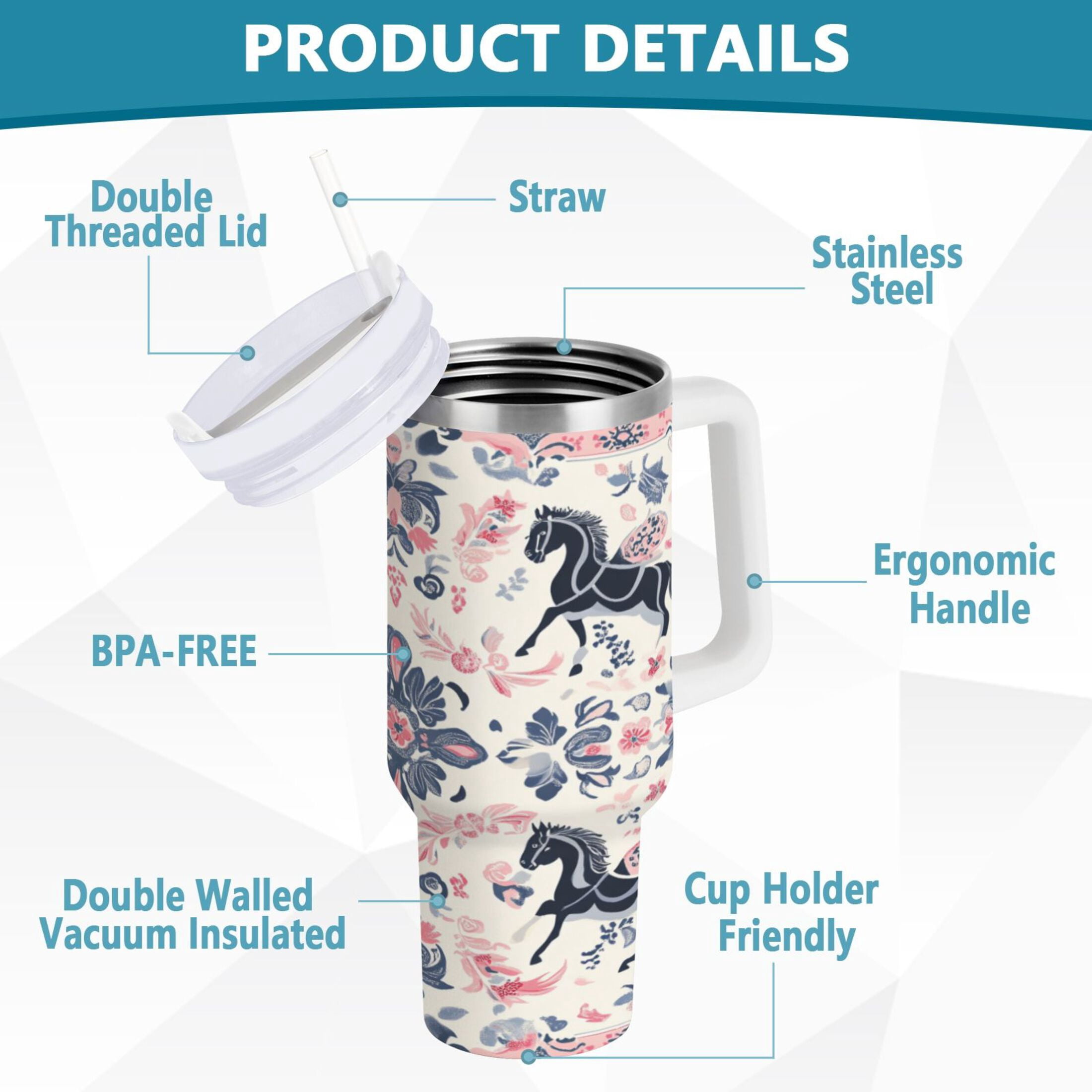 DIXRUYEE Steel Water Bottles Tumbler Creative Equestrian Floral Harmony Pattern 40oz/30oz